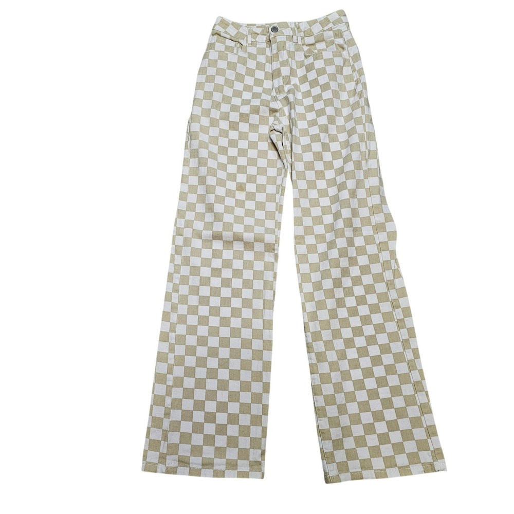 RSQ Tan White Checkered Wide Leg High Rise Jeans Size 24 Skater Streetwear